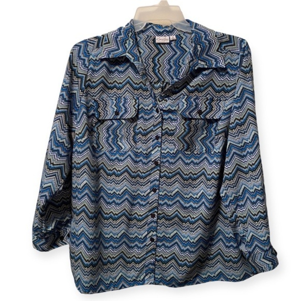 Kim Rogers Shirt Women’s Plus Size 2X Blue Polyester Blend Collard Button Down